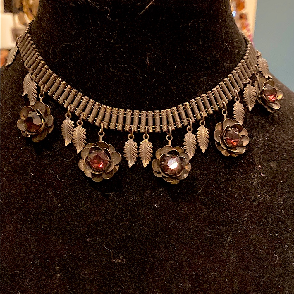 Amazing Antique Victorian Garnet Flower Necklace Metal Is Very Dark.